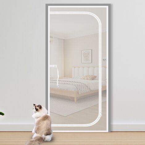 Puerta mosquitera de seguridad para mascotas, cortina antimosquitos con cremallera, evita que perros y gatos corran (110 x 220 cm, Blanca)