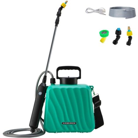Pulverizador eléctrico de jardín de 5 l con 3 boquillas ajustables, manguera de 10 m y mango telescópico, recargable por USB.