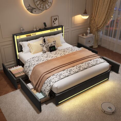 Lit double 160x200 cm, avec éclairage LED, recharge USB, 4 tiroirs de rangement en fer, linge, adapté aux adultes et adolescents - Gris (1/5)