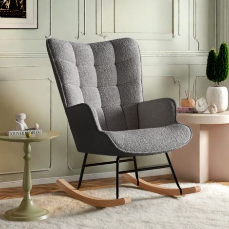 Rocking chair,Fauteuil à bascule en peluche confortable,dossier haut - accoudoirs rembourrés - mousse haute densité - pieds en hêtre naturel - Gris foncé
