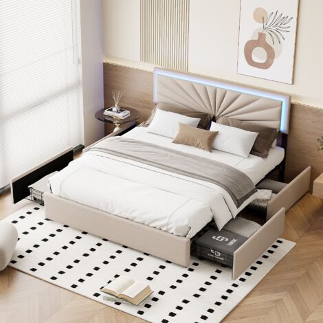 Eifson – Lit 160x200 cm avec 4 tiroirs en métal – Éclairage LED réglable – Tête de lit en lin – Sommier à lattes – Capacité 250 kg