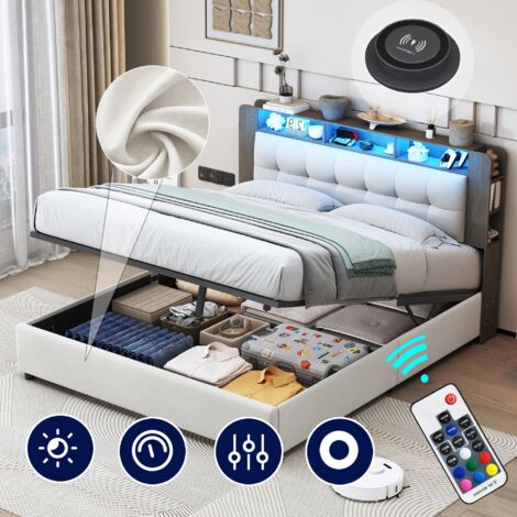 Eifson – Lit coffre double 160x200 cm – Dossier velours blanc cassé – Éclairage LED – Chevet avec recharge sans fil – Cloisons ouvertes – Sommier à lattes MDF
