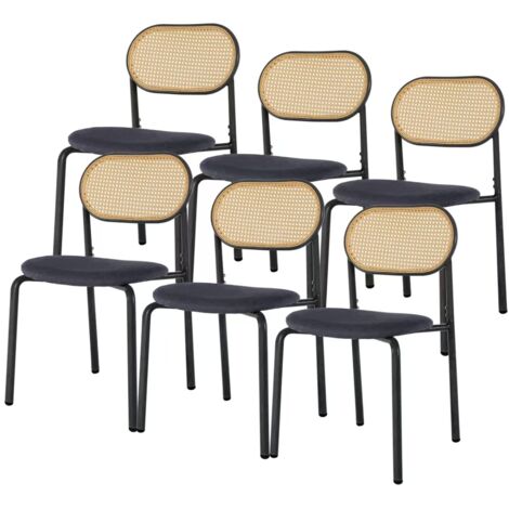 Eifson – Lot de 6 chaises de salle à manger – Dossier en rotin tressé – Siège rembourré – Pieds réglables – Pour salon et salle à manger – Noir