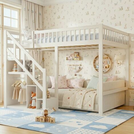 Eifson – Lit superposé 140x200 cm en bois massif – Escalier de rangement intégré – Barrière antichute – Sommier à lattes – Pour enfants et adolescents