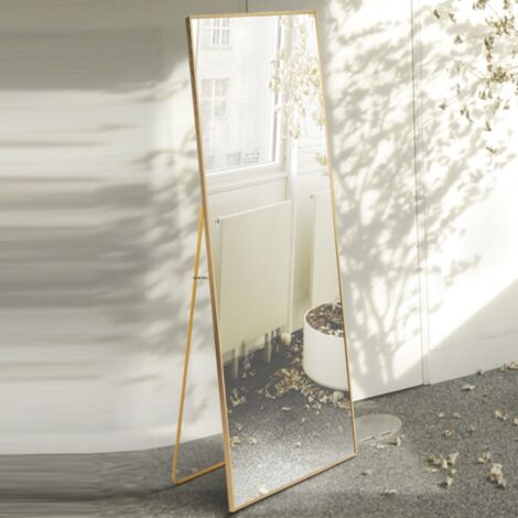 Eifson – Miroir sur pied 150x40 cm – Miroir de sol rectangulaire avec cadre en aluminium doré – Montage mural ou autoportant pour salon et chambre