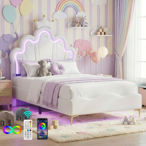 Lit simple 90x200 cm, lit fille 90x200, avec éclairage LED, PU, avec couronne, sommier à lattes, lit 90x200 enfant, Blanc