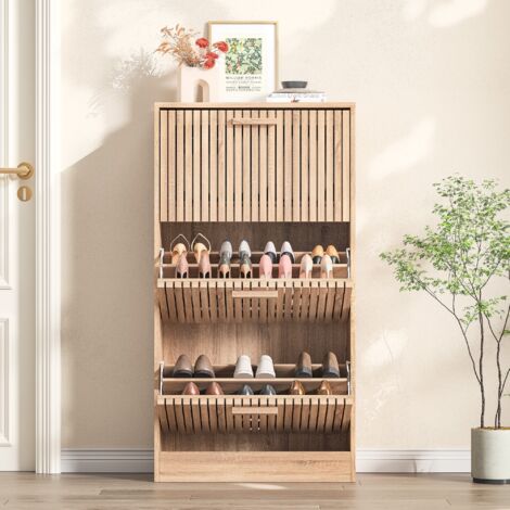 Meuble à chaussures 60 cm, pliable, design à trois étagères, poignées en bois massif, structure en bois, adapté aux couloirs et entrées - Coloris Bois (1/5)