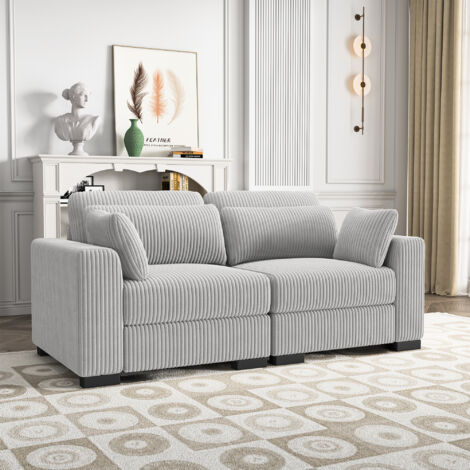 Eifson – Canapé droit 2 places en velours côtelé gris – Dimensions 188x88x85 cm – Avec 2 coussins – Confortable et élégant