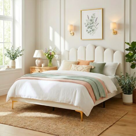 Lit double capitonné 140x190 cm, tête de lit réglable au pouce, sommier à lattes, pieds en métal, tissu velours, adapté aux adultes et adolescents, Beige
