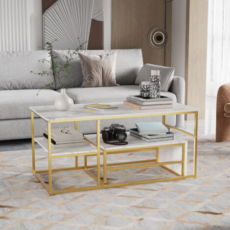 Lot de 2 tables basses, table d'appoint de canapé, plateau en marbre texturé, support en métal géométrique, table basse rectangulaire, pour salon et bureau - Doré (1/5)