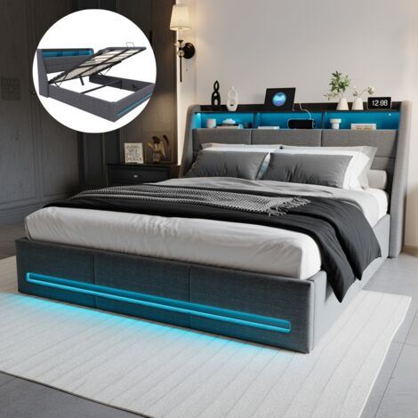 Eifson – Lit coffre double 140x200 cm – Éclairage LED orientable – Rangement hydraulique – Prises USB – Sommier à lattes – Structure métal – Gris
