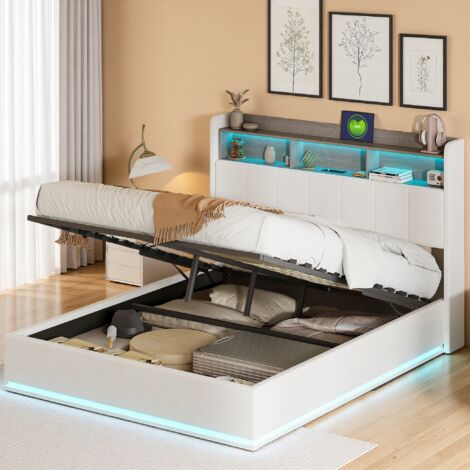 Eifson – Lit coffre 140x200 cm avec éclairage LED et charge USB – Velours blanc – Compartiments de rangement ouverts – Sommier à lattes hydraulique