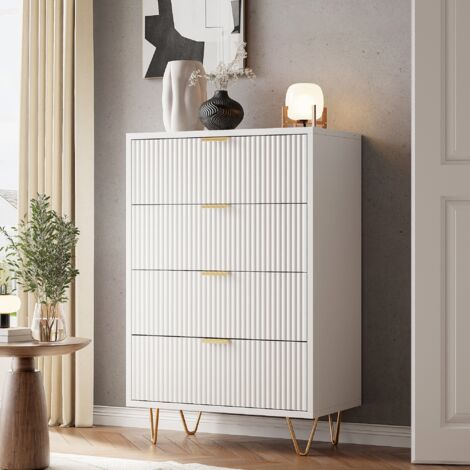 Eifson – Commode contemporaine 60x34x91 cm – 4 tiroirs ondulés avec poignées dorées – MDF blanc pour salons et couloirs – Rangement optimisé