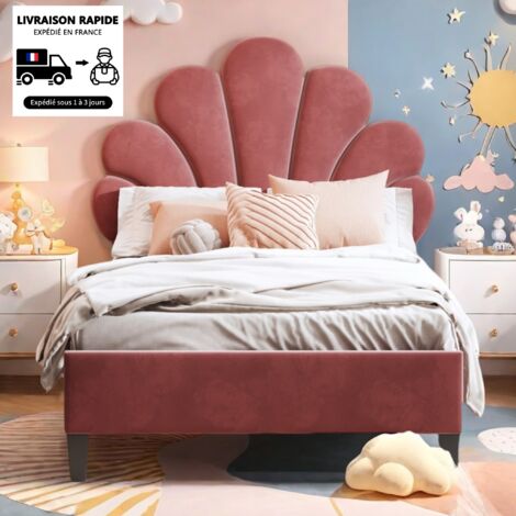 Eifson – Lit simple 90x200 cm – Tête de lit fleurie – Sommier à lattes en MDF et métal – Tissu velours rouge – Adapté enfants et adolescents