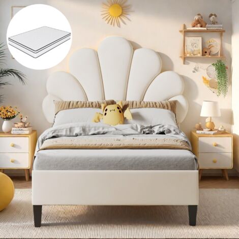 Lit simple capitonné 90x200 cm,avec tête de lit fleurie, sommier à lattes, tissu velours, adapté aux enfants, adolescents - Rouge haricots (avec matelas) (1/5)