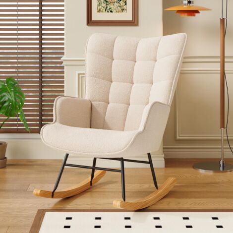 Eifson – Fauteuil à bascule en peluche beige – Dossier haut et accoudoirs rembourrés – Mousse haute densité – Pieds en hêtre naturel – 75x53x93 cm