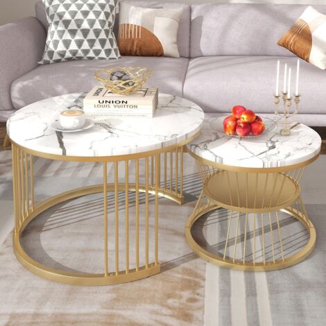 Eifson – Lot de 2 tables basses gigognes rondes – Plateau en placage de marbre blanc – Structure en métal doré – Dimensions 70x70x45 cm et 45x45x40 cm