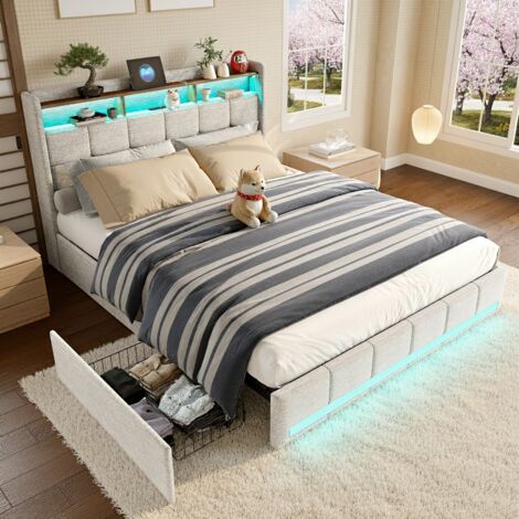 Eifson – Lit 140x200 cm avec 4 tiroirs – Éclairage LED réglable – Ports USB et Type-C – Tissu en lin naturel – Capacité 350 kg