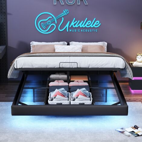 Lit Double 160x200 cm , Lit LED avec Éclairage Télécommandé , Design Contemporain , Sans Matelas , Similicuir PU Noir | Leroy Merlin
