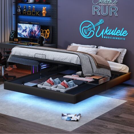 Eifson – Lit coffre double 160x200 cm – Éclairage LED intégré – Fonction rangement – Structure suspendue en PU – Sommier à lattes – Noir (1/5)