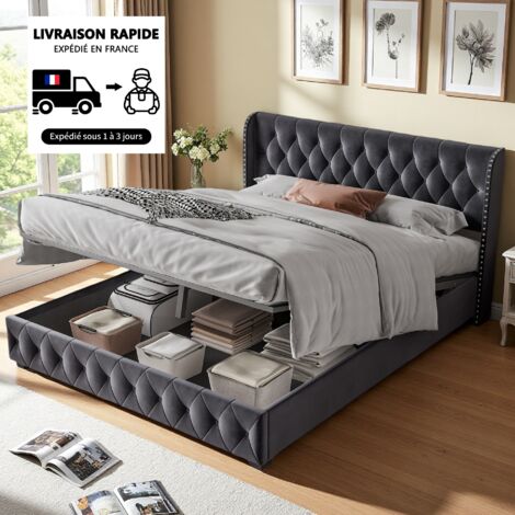 Lit coffre double 140x190 cm, avec tête de lit à boutons rivetés avec sommier à lattes, structure en métal, velours, lit à rembourrage hydraulique pour adultes et adolescents - Gris