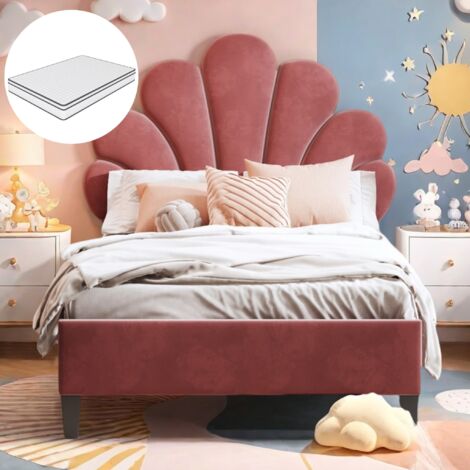 Lit simple capitonné 90x200 cm,avec tête de lit fleurie, sommier à lattes, tissu velours, adapté aux enfants, adolescents - Rouge haricots (avec matelas) (1/5)