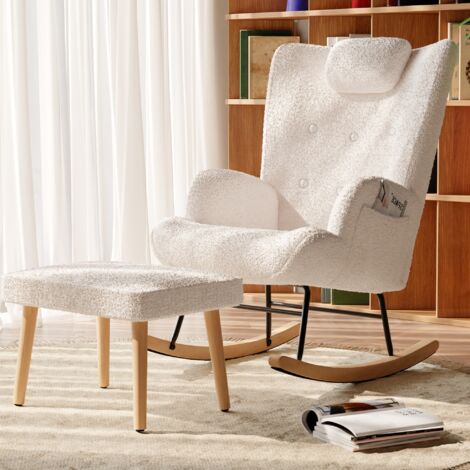Eifson – Fauteuil à bascule d'allaitement scandinave – Dossier haut – Tissu velours Teddy – Repose-pieds et poches latérales – Confort optimal pour salon et chambre