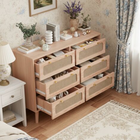 Eifson – Commode 100x34x73 cm avec 6 tiroirs en rotin tressé – Poignées dorées – Structure en bois massif et MDF – Style maison de campagne