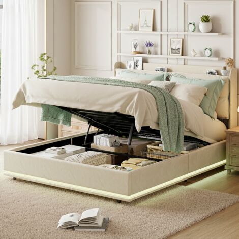 Lit coffre 140x190cm - avec éclairage LED - recharge sans fil - USB et Type-C - dossier zippé - velours - rangement hydraulique - sommier à lattes - Beige