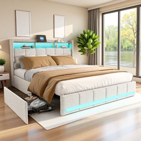 Eifson – Lit 160x200 cm avec 4 tiroirs – Éclairage LED réglable – 2 ports USB et 1 port Type-C – Lin beige moderne pour adultes et adolescents