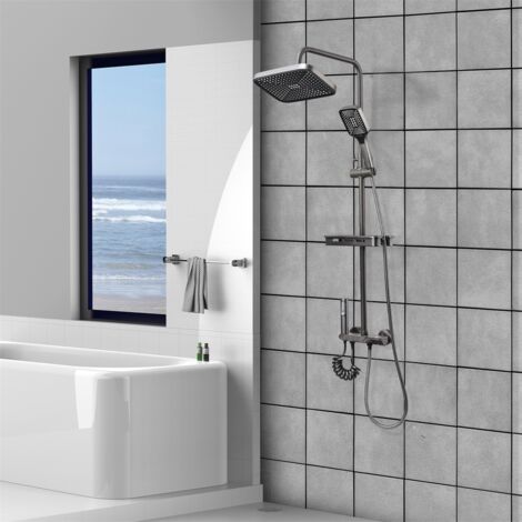 Colonne de douche thermostatique, avec pistolet à pression, avec tringle de douche réglable et douche de tête carrée, avec touche piano à quatre positions, taille UE 3/8 - Gris pistolet