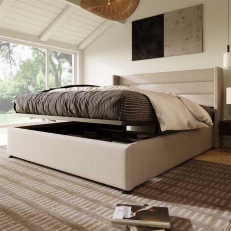 Lit coffre double 160x200 cm, lit double avec matelas hydraulique, tête de lit à rayures horizontales, lit coffre relevable, sommier à lattes en bois, structure métal, lin - Beige