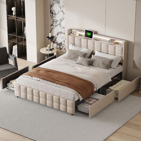 Lit double avec tiroirs 180x200 cm - chargement USB - tête de lit éclairée LED - avec 4 tiroirs - linge - sommier à lattes - adapté aux adultes et adolescents - Beige (1/5)