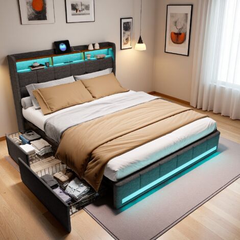 Eifson – Lit 140x190 cm avec 4 tiroirs – Éclairage LED réglable – 2 ports USB et 1 Type-C – Tissu lin respirant – Design moderne gris