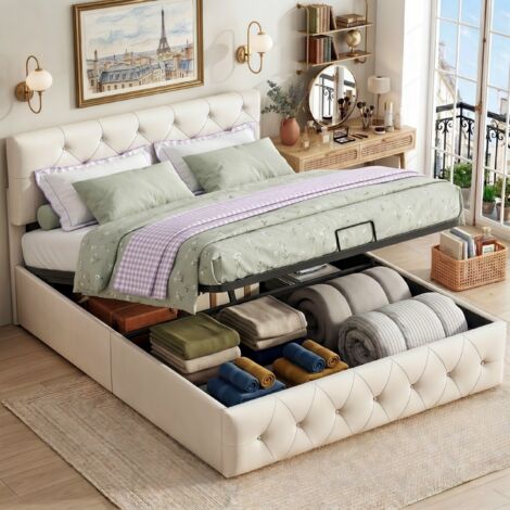 Lit coffre double 140x190 cm, décoration boutons, sommier à lattes, velours, rangement air bar, adapté aux adultes et adolescents, Abricot