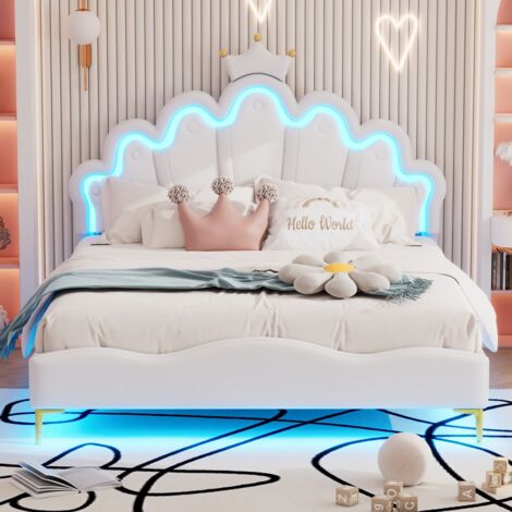 Lit double 140x200 cm, Lit Crown Princess, Coussin en Cuir PU Souple, Barre Lumineuse d'ambiance LED réglable, adapté aux Enfants et Adolescents - Blanc (1/5)