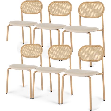 Lot de 6 chaises de salle à manger, avec dossier en rotin tressé, design ergonomique, siège rembourré, pieds réglables, convient pour la salle à manger et le salon - Bois naturel (1/5)