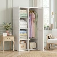 Armoire, avec 2 portes, 4 séparateurs, 1 tringle à vêtements, armoire portable, armoire de chambre pliable, 69x50x136 cm, Blanc