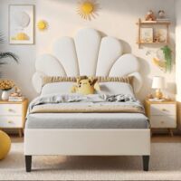 Eifson – Lit simple 90x200 cm – Tête de lit fleurie en velours – Sommier à lattes – Structure robuste en bois massif – Adapté enfants et adolescents