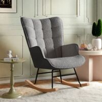 Rocking chair,Fauteuil à bascule en peluche confortable,dossier haut - accoudoirs rembourrés - mousse haute densité - pieds en hêtre naturel - Gris foncé