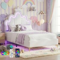 Lit simple 90x200 cm, lit fille 90x200, avec éclairage LED, PU, avec couronne, sommier à lattes, lit 90x200 enfant, Blanc
