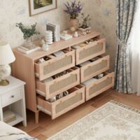Eifson – Commode 100x34x73 cm avec 6 tiroirs en rotin tressé – Poignées dorées – Structure en bois massif et MDF – Style maison de campagne