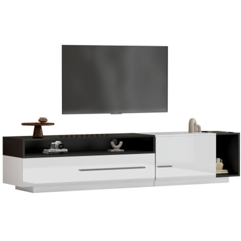 Meuble TV brillant, meuble bas, meuble TV, commode TV, 170 cm – Pour téléviseurs jusqu'à 70 pouces, avec tiroir, porte et compartiment ouvert (1/5)