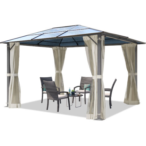 TOOLPORT Garden gazebo 3x3,65 m polycarbonate roof approx. 6 mm - hardtop pavilion with 4 sides & mosquito nets in cream