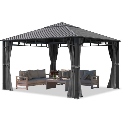 TOOLPORT Hardtop Garden Gazebo 4x4 m with Steel Roof and Aluminium Frame - 4 Side Panels in Grey (1/5)