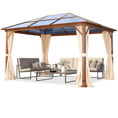 TOOLPORT Garden gazebo 3x4 m hardtop polycarbonate roof, wood finish, 4 side panels in champagne