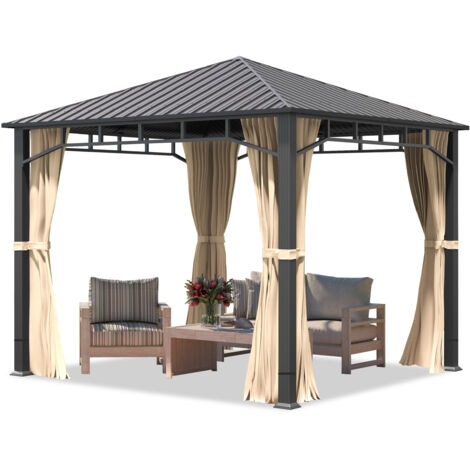 TOOLPORT Hardtop Garden Gazebo 3x3 m with Steel Roof and Aluminium Frame - 4 Side Panels in Champagne