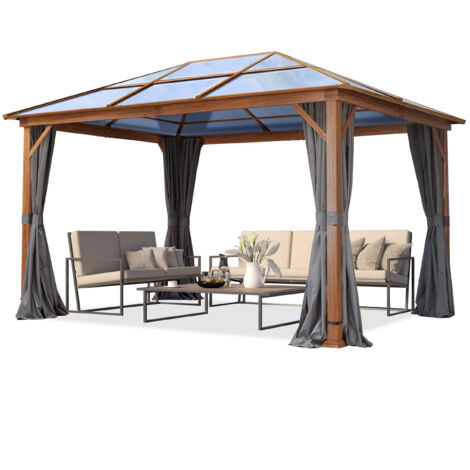 TOOLPORT Garden gazebo 3x4 m hardtop polycarbonate roof, wood finish, 4 side panels in grey