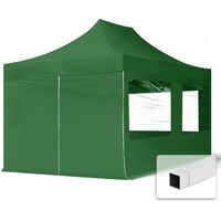 3x4.5m Pop Up Gazebo ECONOMY Steel 30 mm, incl. Sidewalls with Panorama Windows, dark green High Performance Polyester approx. 300g/m²