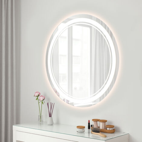 Sanitemodar LED Badspiegel 50x50cm, Wandschalter Badezimmerspiegel, Wandspiegel mit Dreifarbigen Lichtern, Beschlagfrei, Touch-Schalter